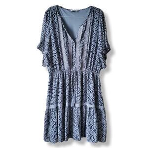 Perfectly Priscilla Blue Dot Tiered Dress 2X Flowy Swingy Casual Hippie NEW